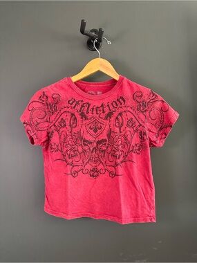 Affliction Red women's  Graphic Tee with Black Skull Design